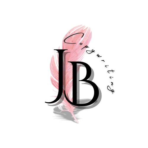 Logo JB Copywriting avec initiales “JB” en majuscule, lettering arrondi pour “Copywriting” et plume rose stylisée en arrière-plan. Création graphique de Julie Borel.
