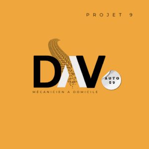Proposition de logo pour DAV Auto : typographie représentant des traces de pneus, sur fond noir et blanc façon papier journal, avec un accent orange vif. Création de Julie Borel.