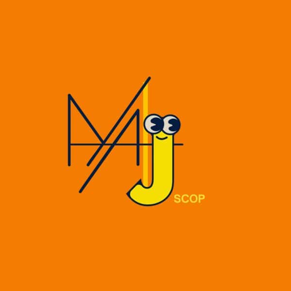 Proposition de logo pour MAJ SCOP : un ver de terre jaune stylisé formant la lettre J, sur fond orange vif. Conception graphique par Julie Borel.